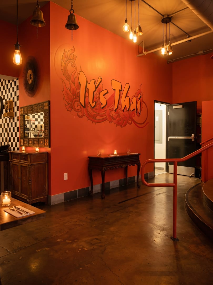 Warmly lit interior of "It's Thai" restaurant with orange walls, decorative bells, and a checkered counter.