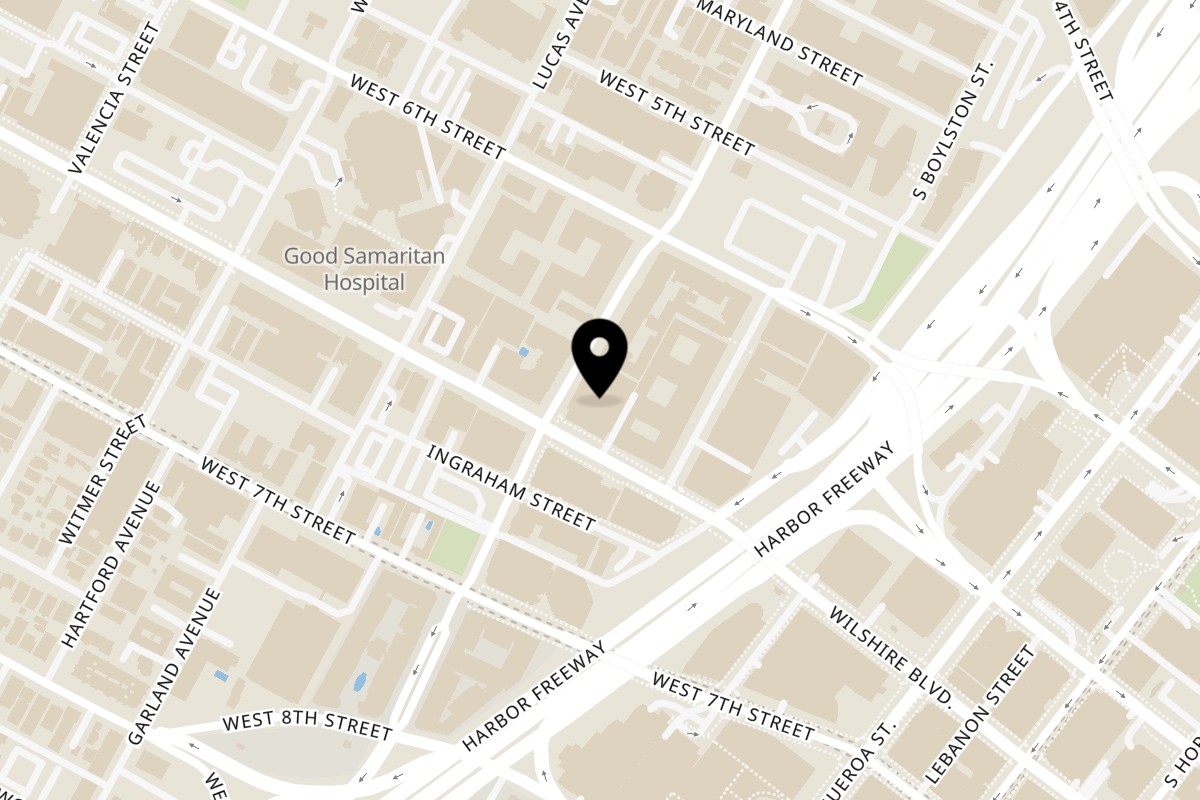 Map showing the location of It's Thai Casual Dining on 1055 Wilshire Boulevard in Los Angeles